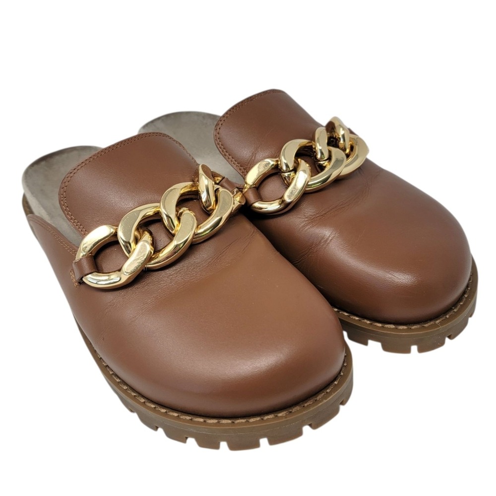 Michael Kors Clogs Mules Womens Size 7.5 Scarlett Gold Chain in Luggage‎ Brown